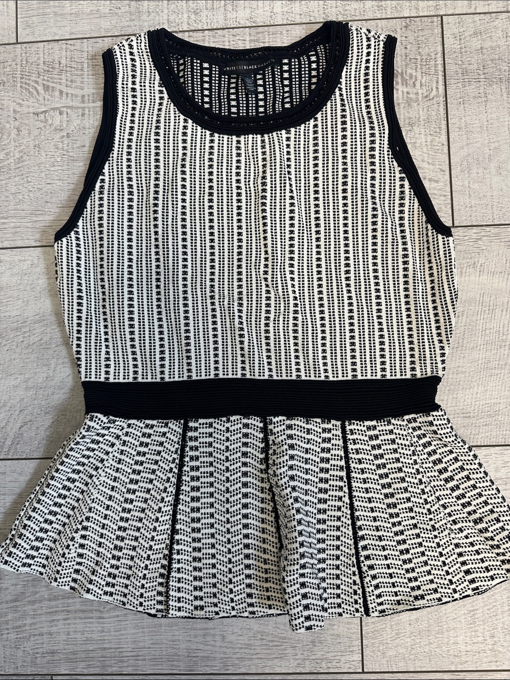 White House Black Market Black & White Knit Peplum Tank